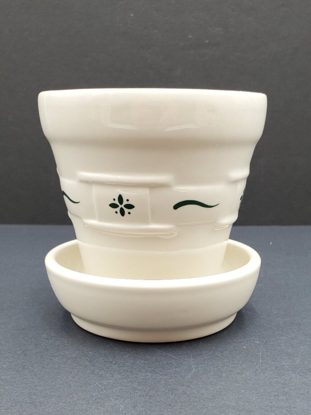 Longaberger Pottery Woven Traditions Heritage Green Flower Pot with Saucer